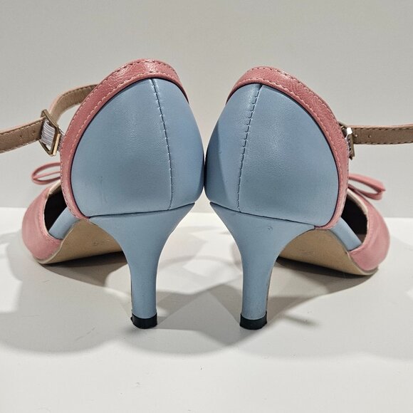 Women’s Retro Two-Tone Bow Heels Pink Blue Size 35 Ankle Strap Vintage Style - Picture 6 of 8